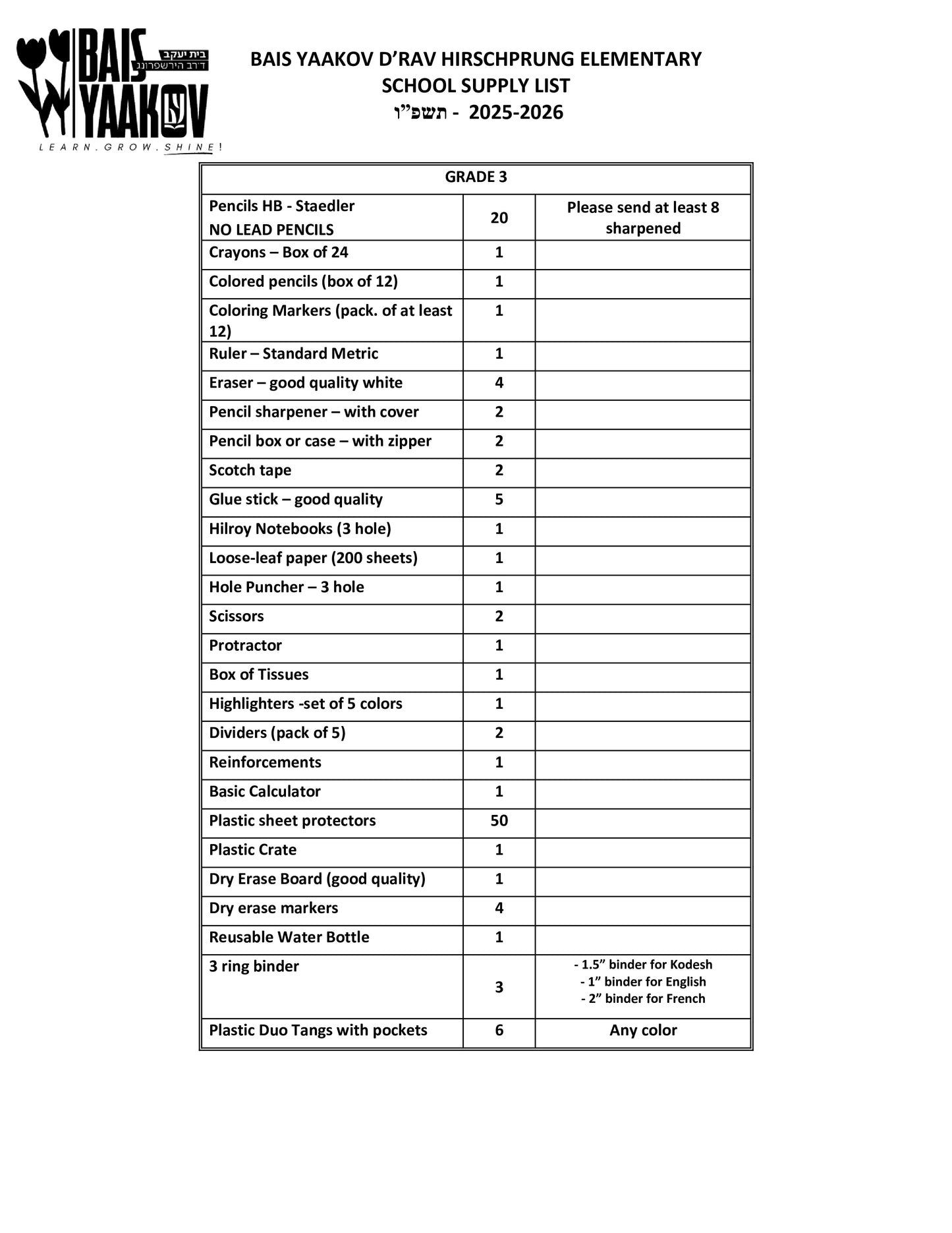 Bais Yaakov Grade 3 List