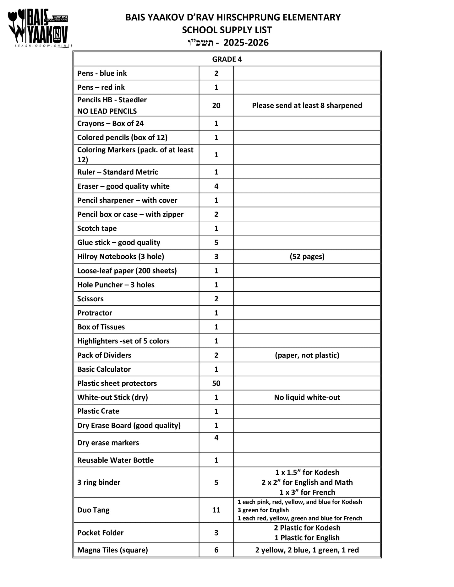 Bais Yaakov Grade 4 List