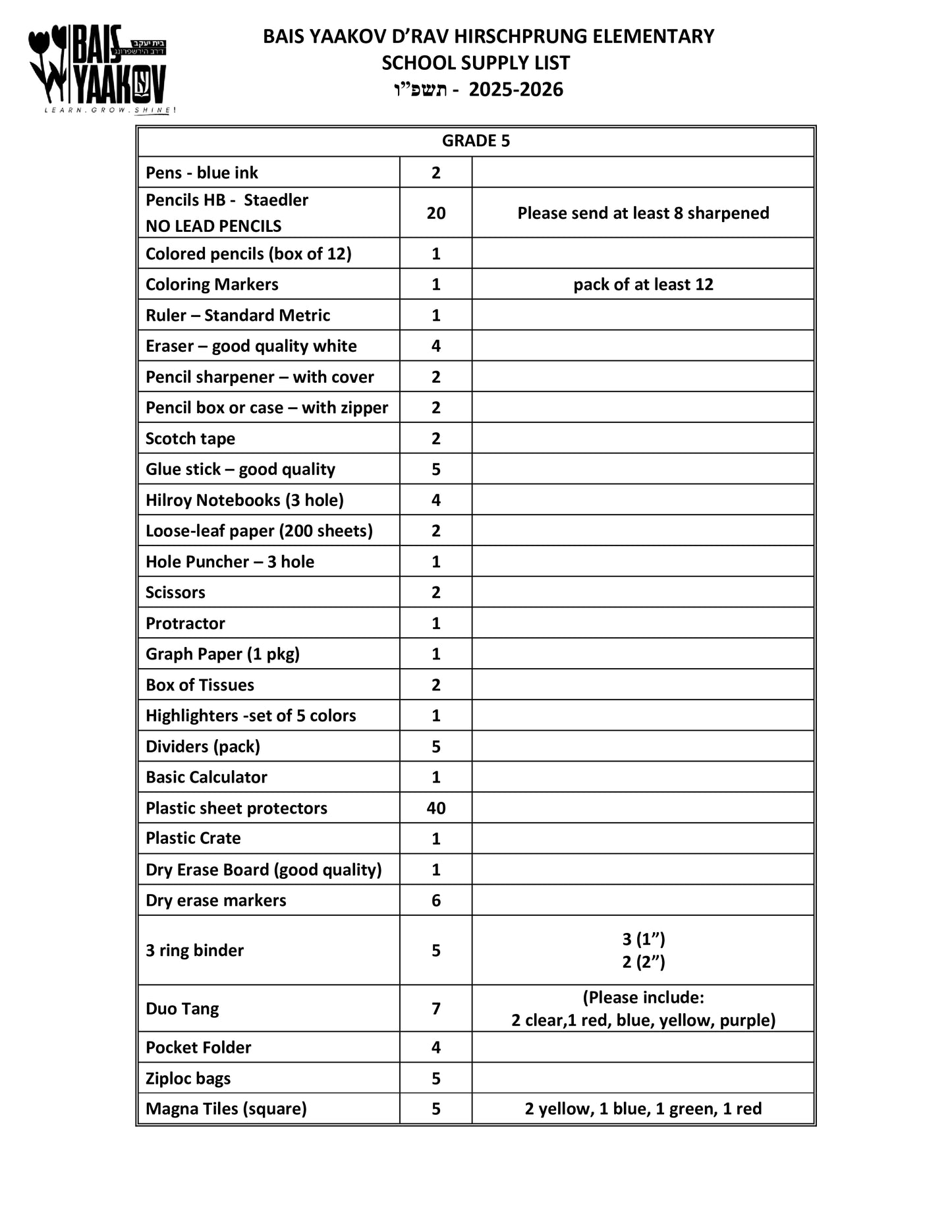 Bais Yaakov Grade 5 List