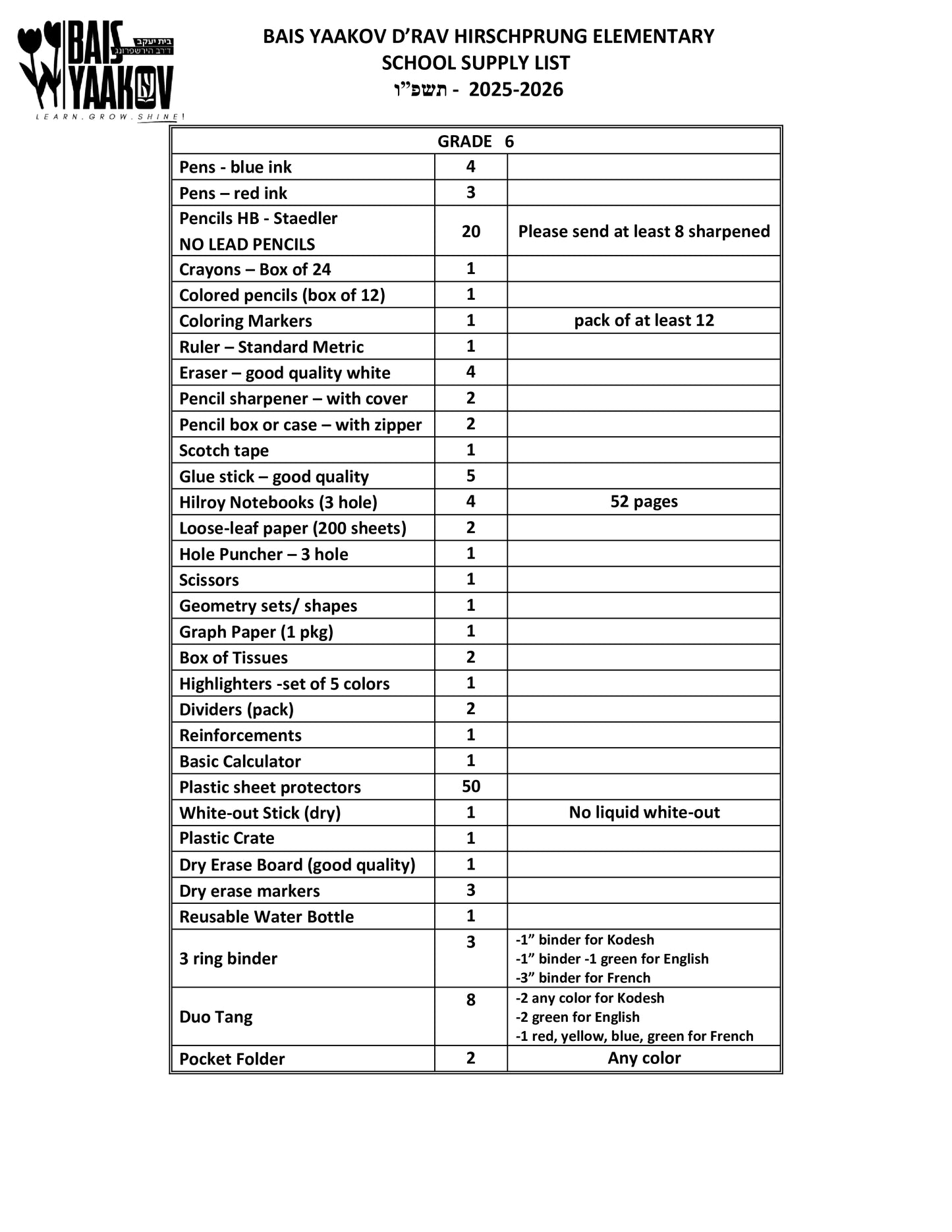 Bais Yaakov Grade 6 List