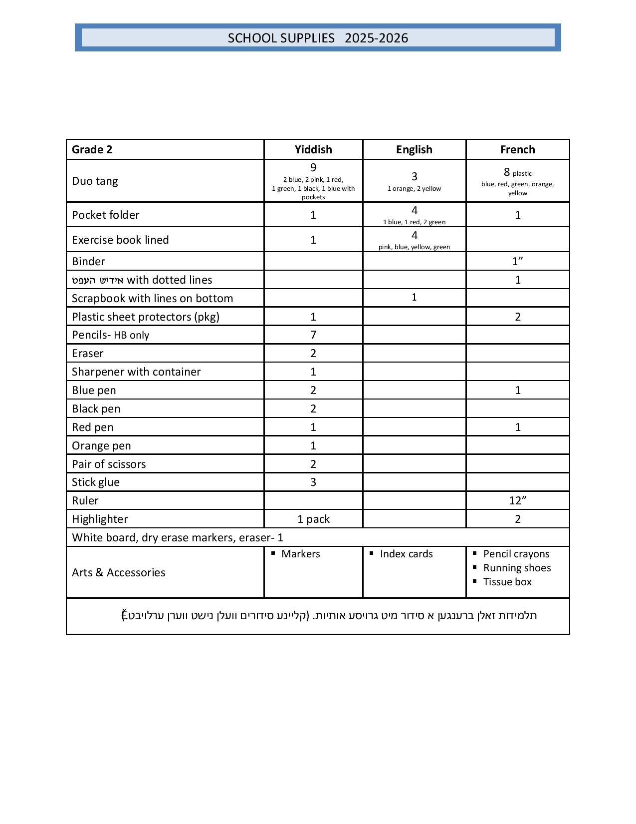 Belz Girls Grade 2 List