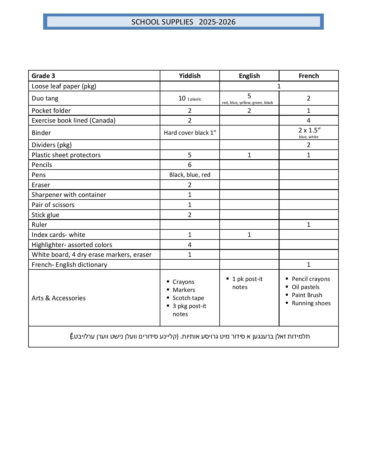 Belz Girls Grade 3 List