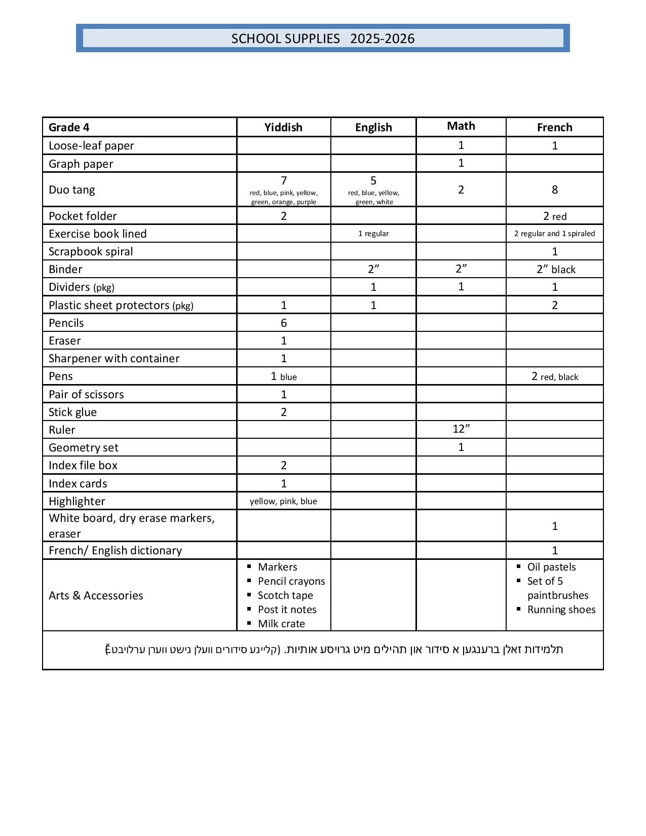 Belz Girls Grade 4 List