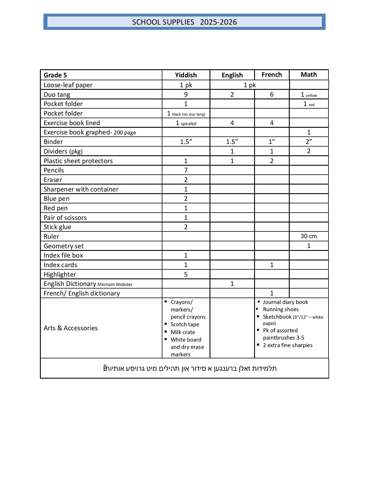 Belz Girls Grade 5 List