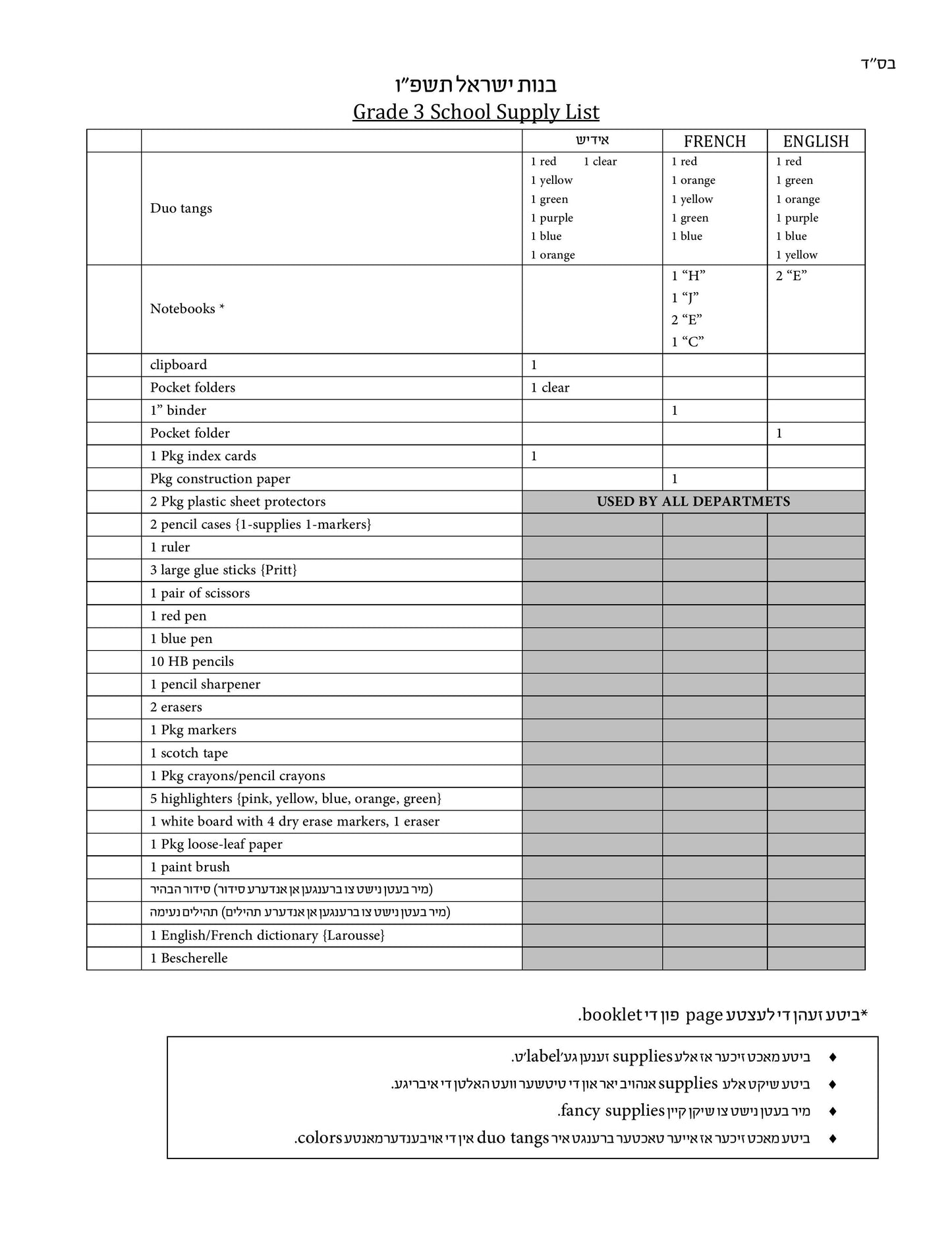 Bnos Yisrael Grade 3 List