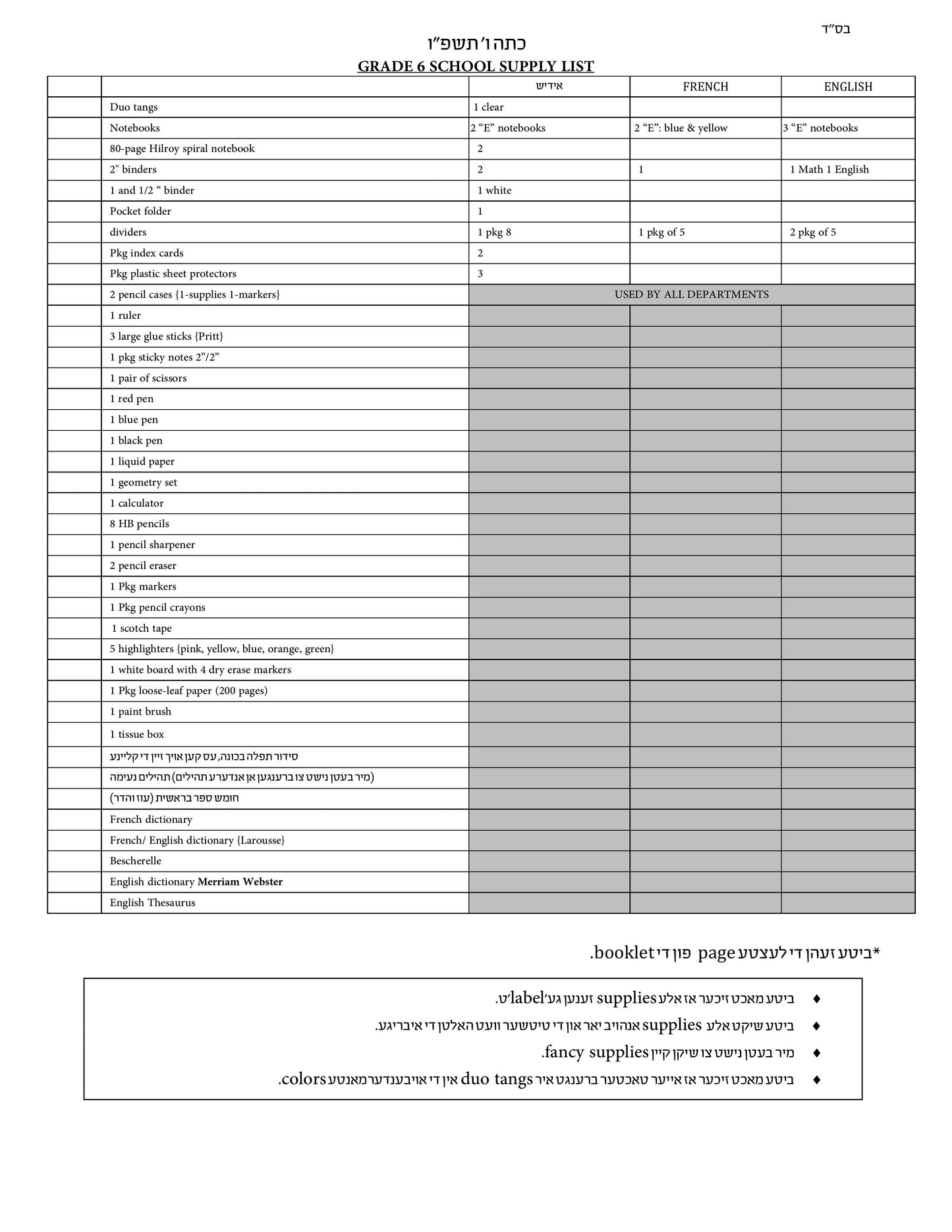 Bnos Yisrael Grade 6 List