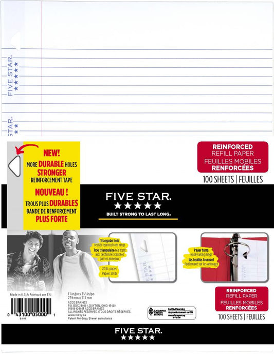 FIVE STAR REINFORCED REFILL PAPER, 10-7/8″ X 8-3/8″, 100 SHEETS