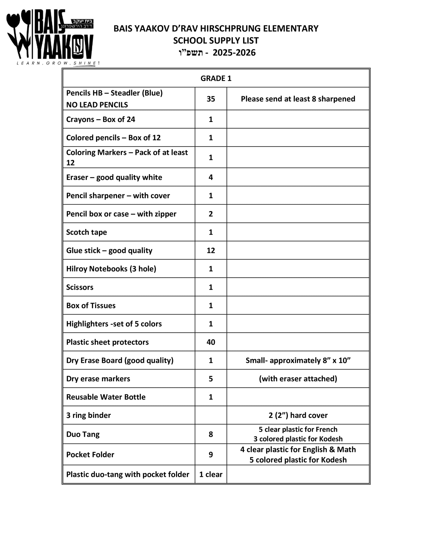 Bais Yaakov Grade 1 List