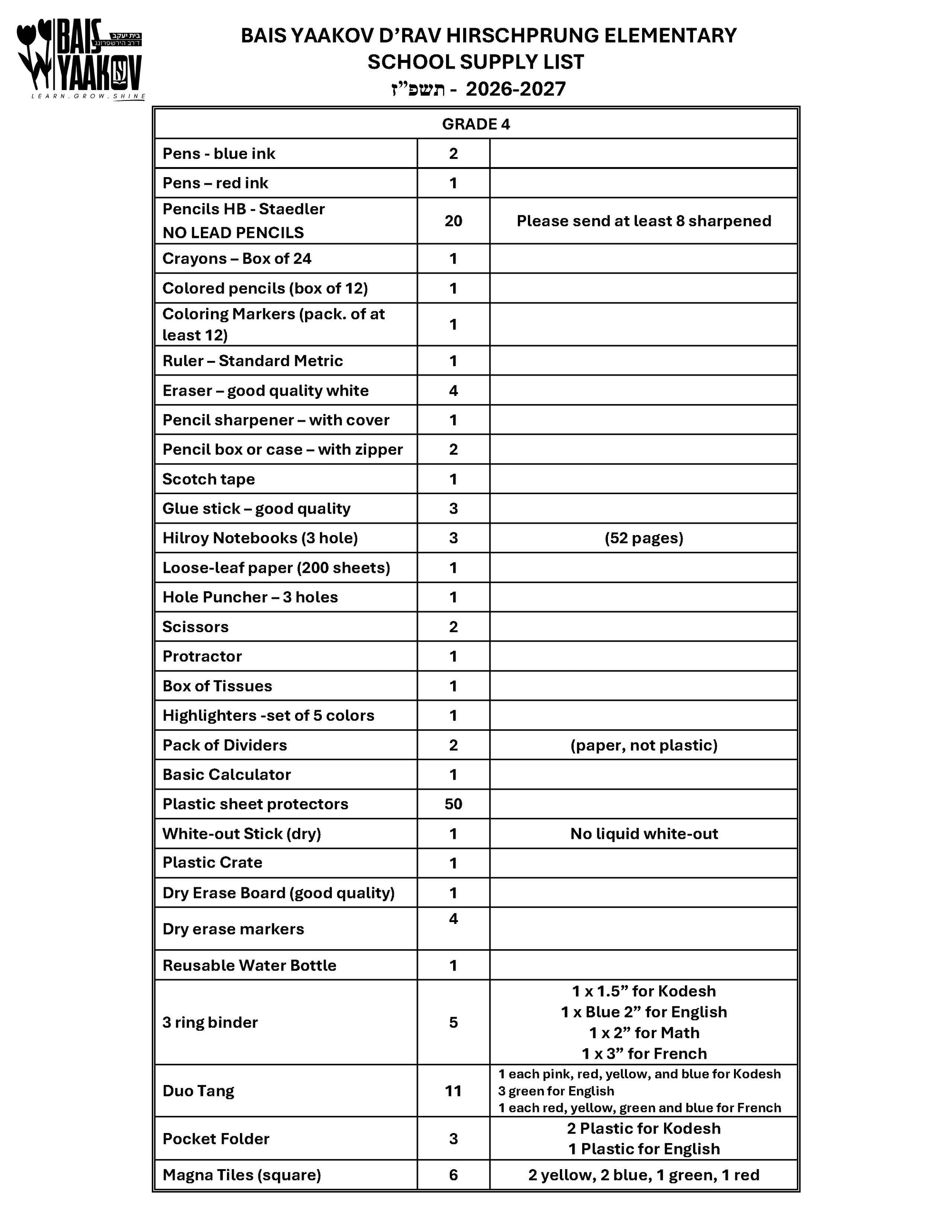 Bais Yaakov Grade 4 List