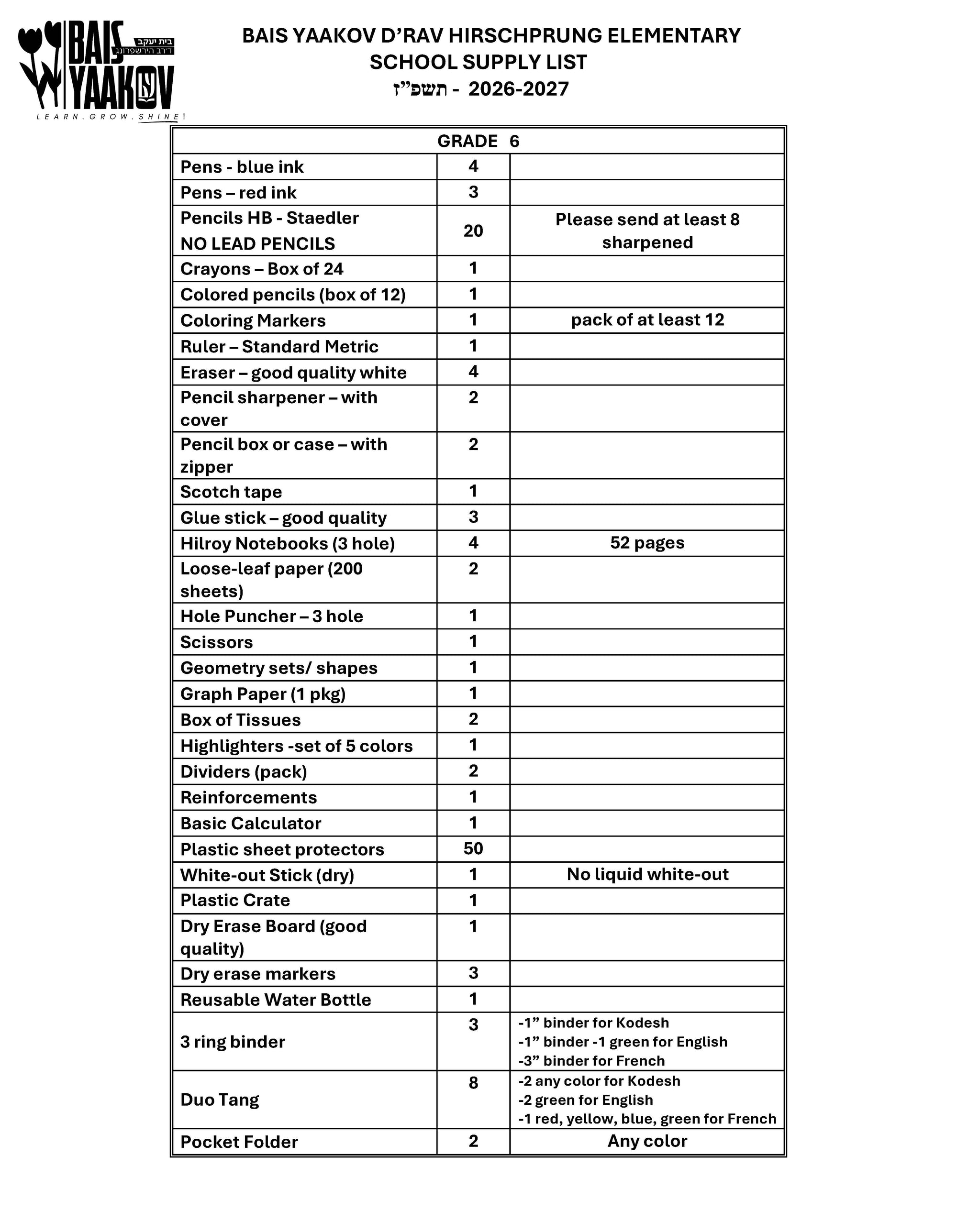 Bais Yaakov Grade 6 List