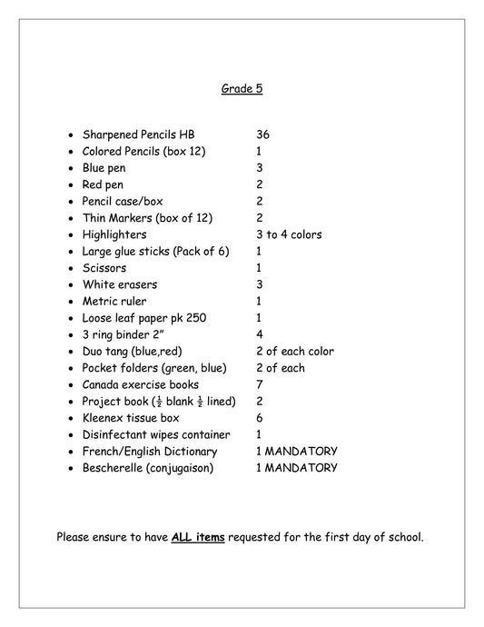 Mesifta Grade 5 List