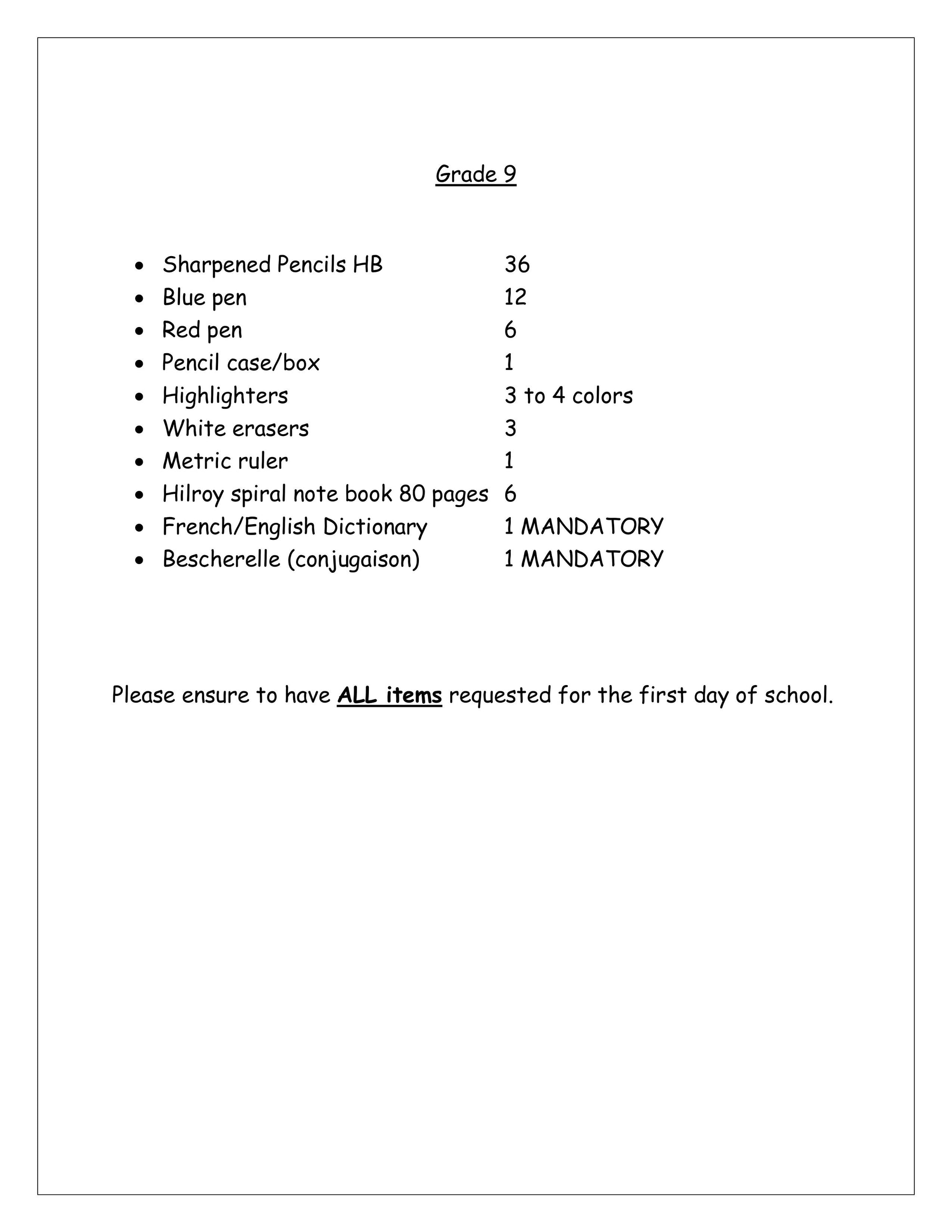 Mesifta Grade 9 List