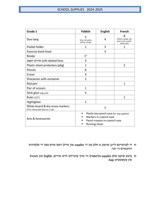 Belz Girls Grade 1 List