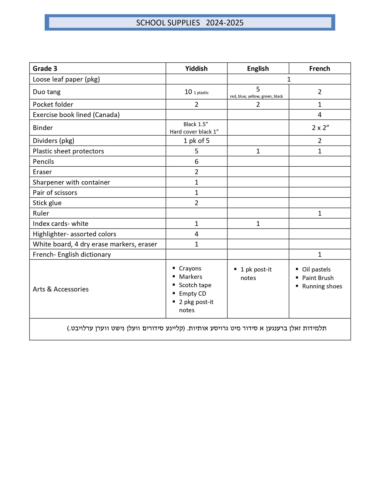 Belz Girls Grade 3 List