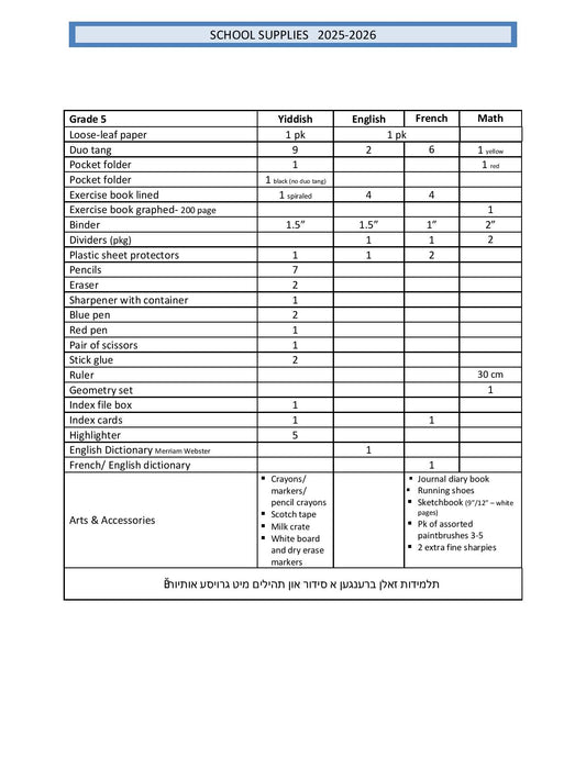 Belz Girls Grade 5 List