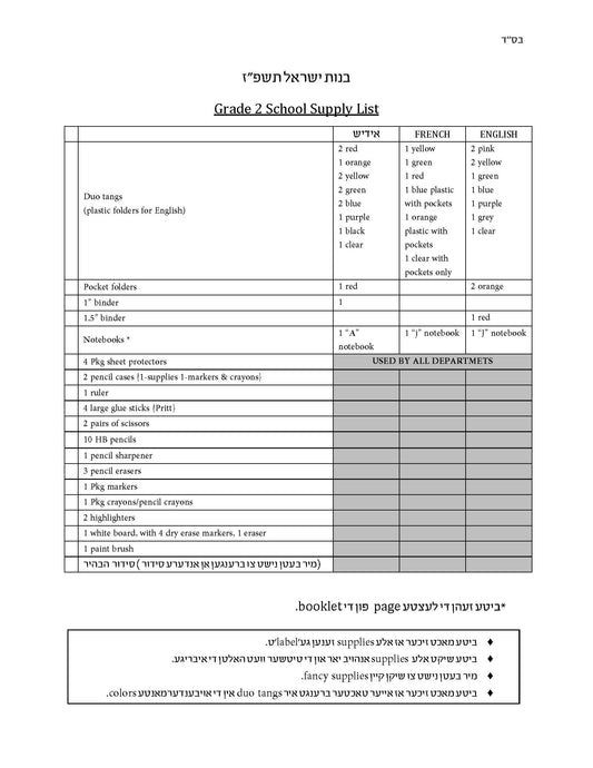 Bnos Yisrael Grade 2 List