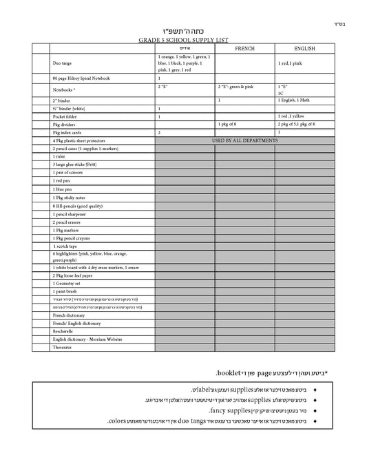 Bnos Yisrael Grade 5 List
