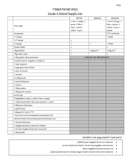 Bnos Yisrael Grade 4 List