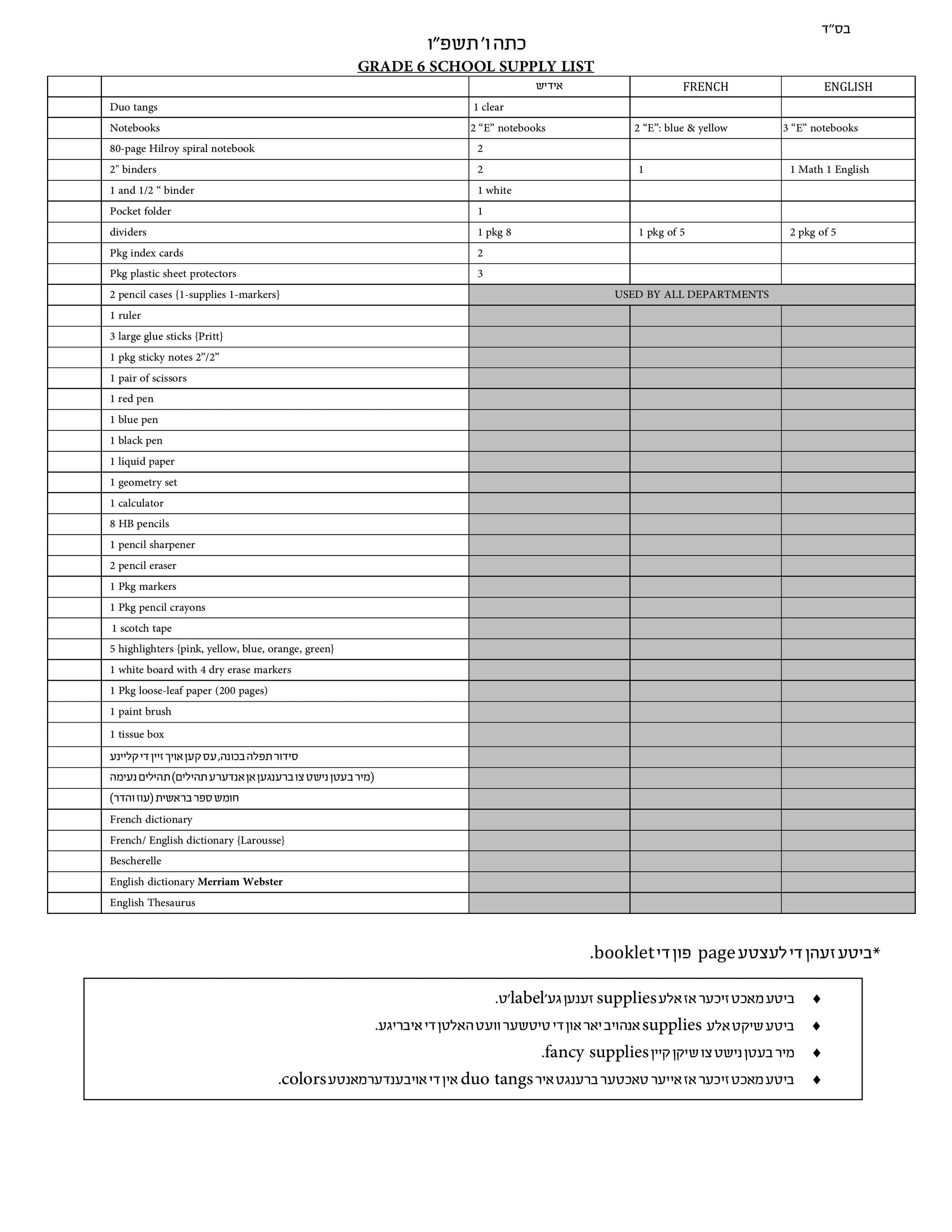 Bnos Yisrael Grade 6 List